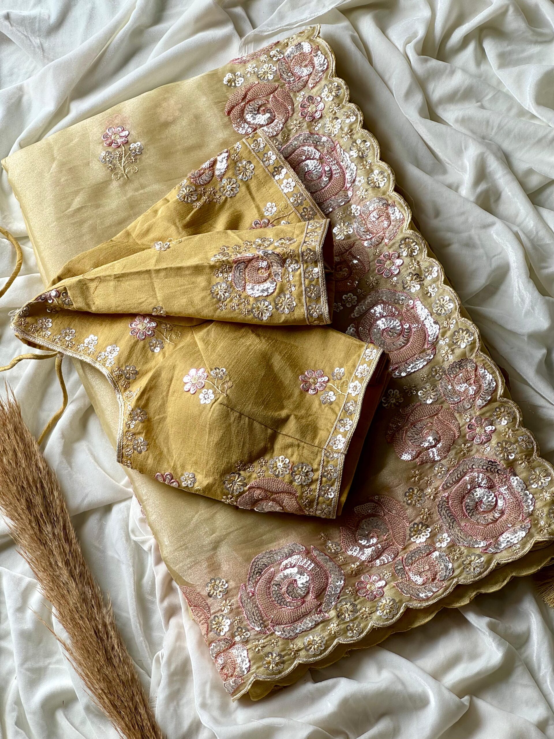 Premium space silk saree with coding work & multi colour sequence on all over the saree