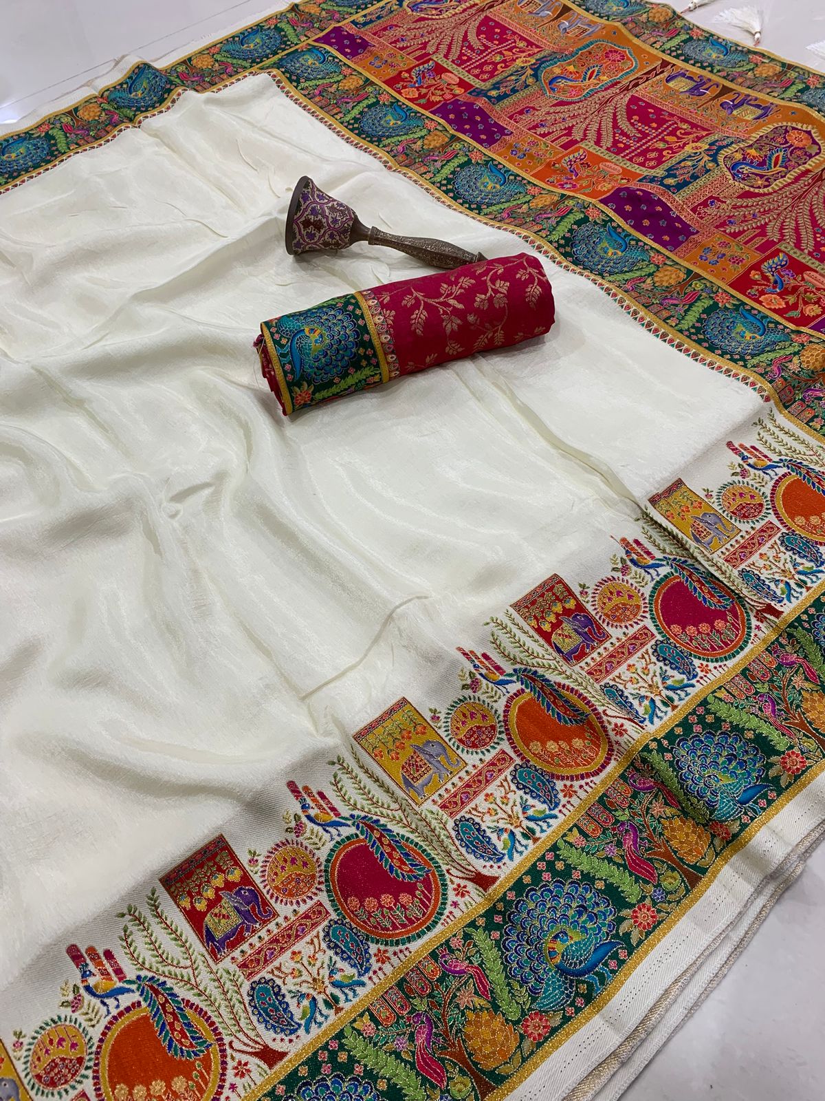 soft viscos Gajji silk position pashmina saree and Pure Jari weaving work and pallu - Image 3