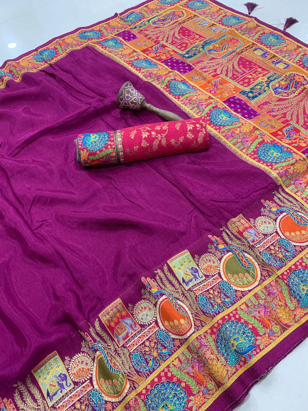 soft viscos Gajji silk position pashmina saree and Pure Jari weaving work and pallu - Image 15
