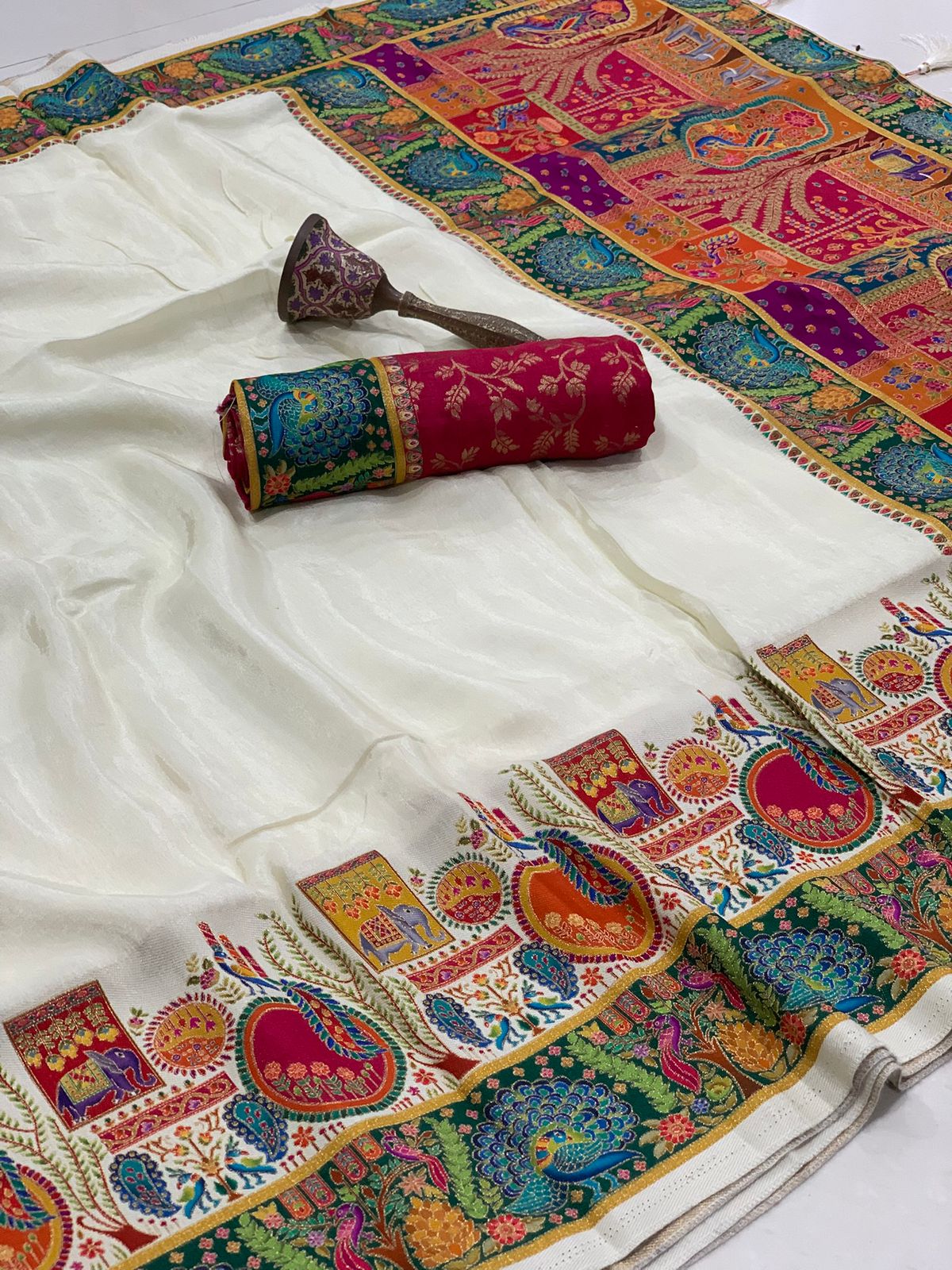 soft viscos Gajji silk position pashmina saree and Pure Jari weaving work and pallu - Image 12