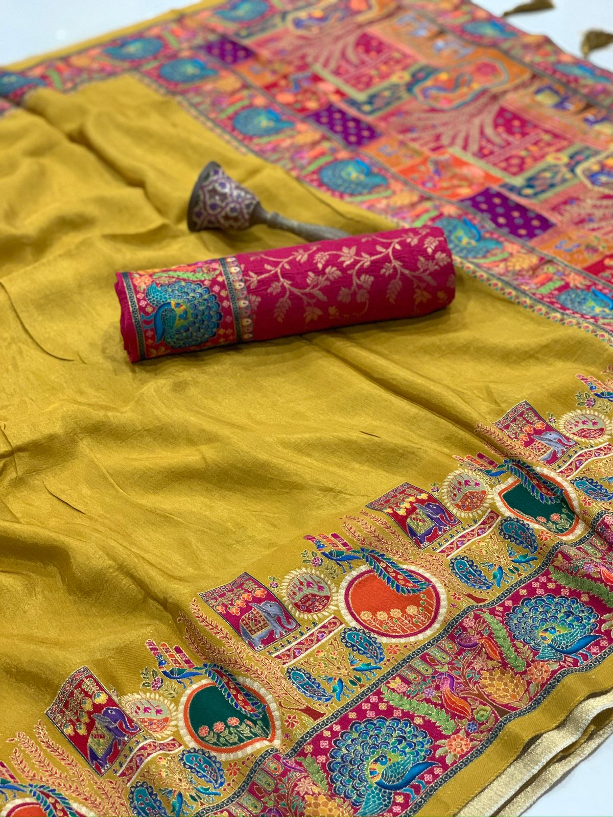 soft viscos Gajji silk position pashmina saree and Pure Jari weaving work and pallu - Image 14