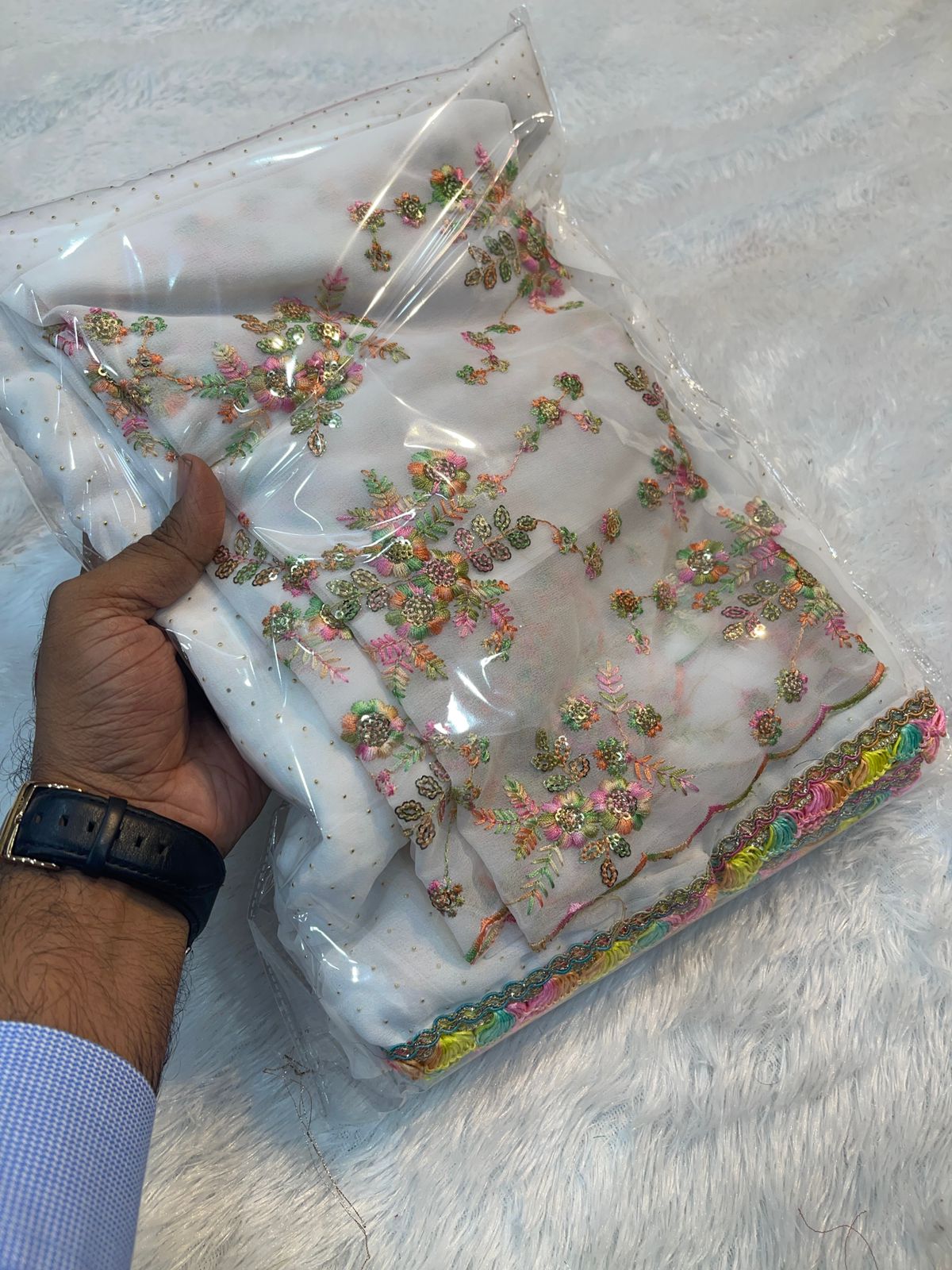 Georgette Saree With Georgette Multi Emrodiry Work Blouse With Rainbow Lace