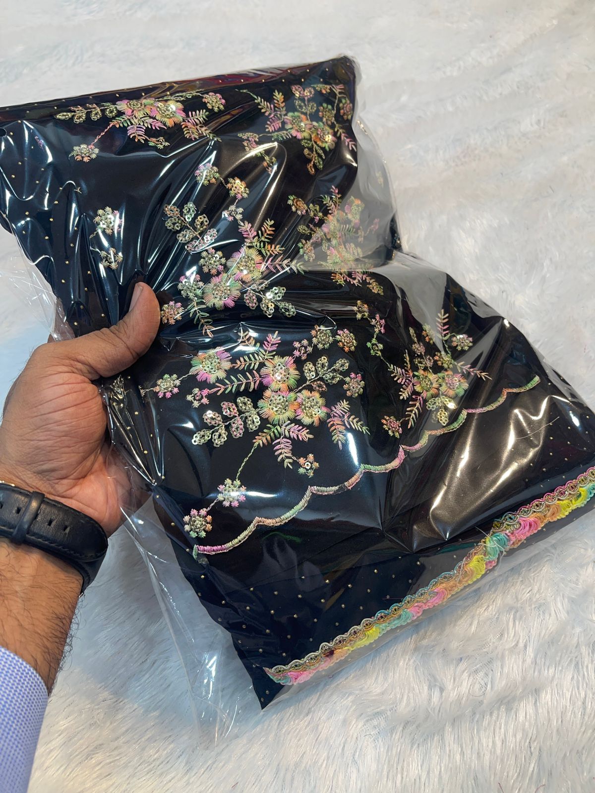 Georgette Saree With Georgette Multi Emrodiry Work Blouse With Rainbow Lace - Image 9