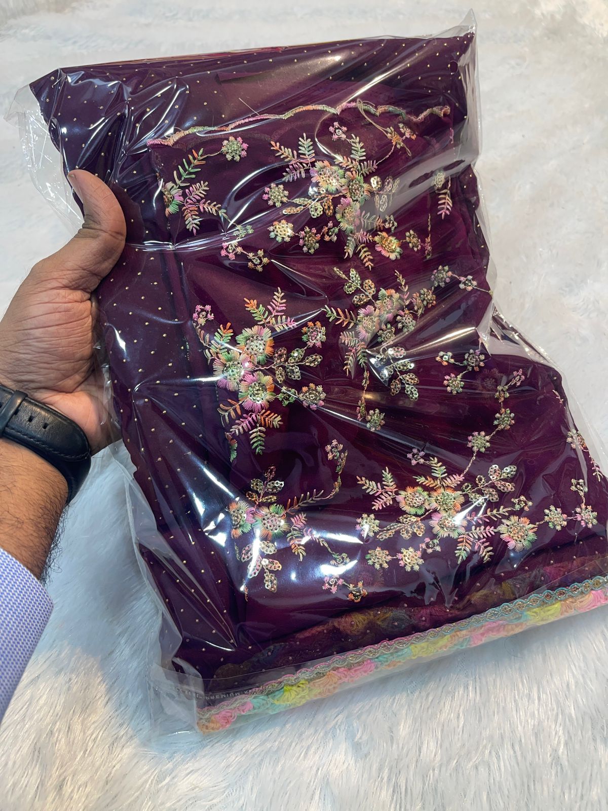 Georgette Saree With Georgette Multi Emrodiry Work Blouse With Rainbow Lace - Image 8