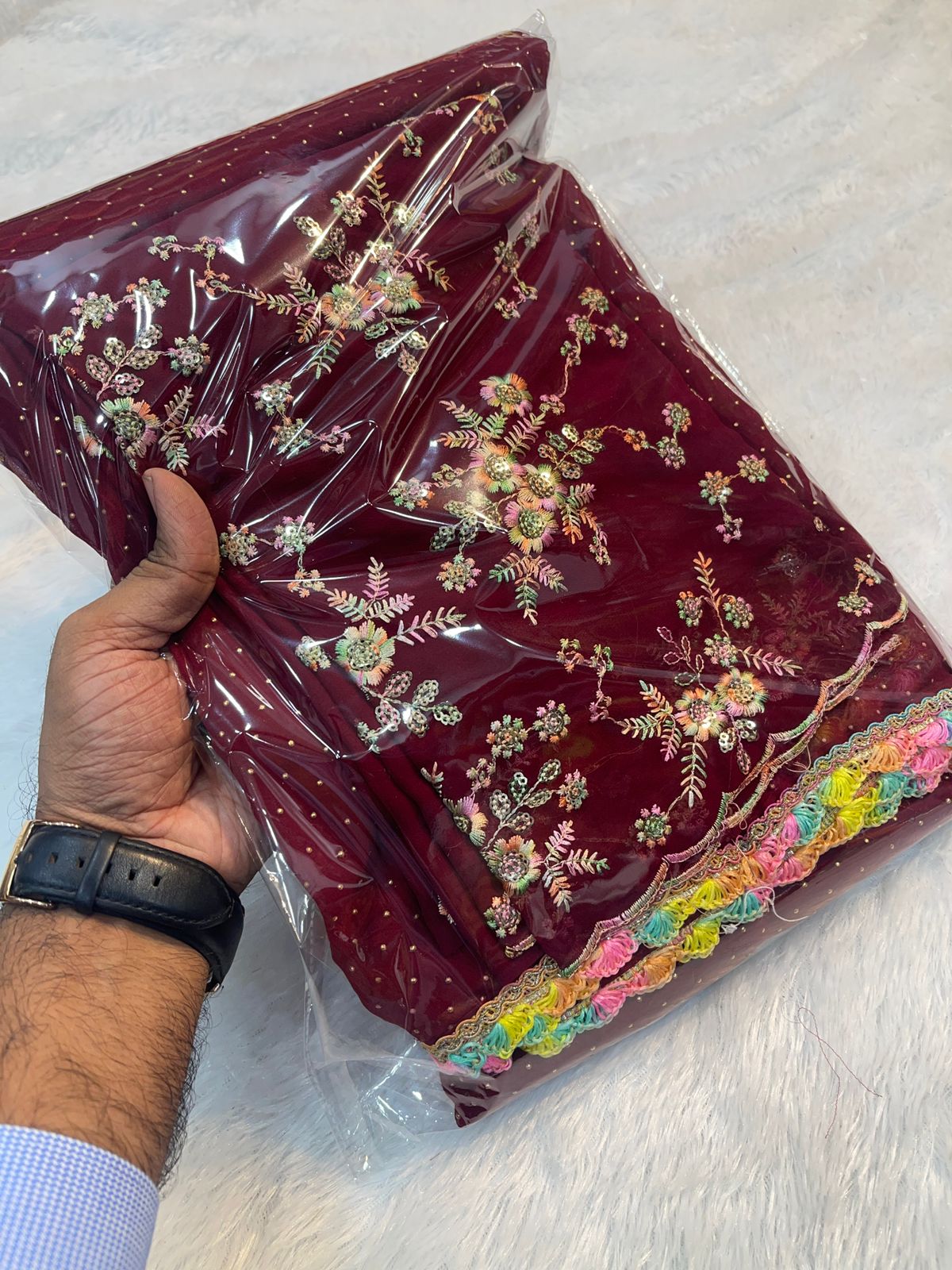 Georgette Saree With Georgette Multi Emrodiry Work Blouse With Rainbow Lace - Image 3