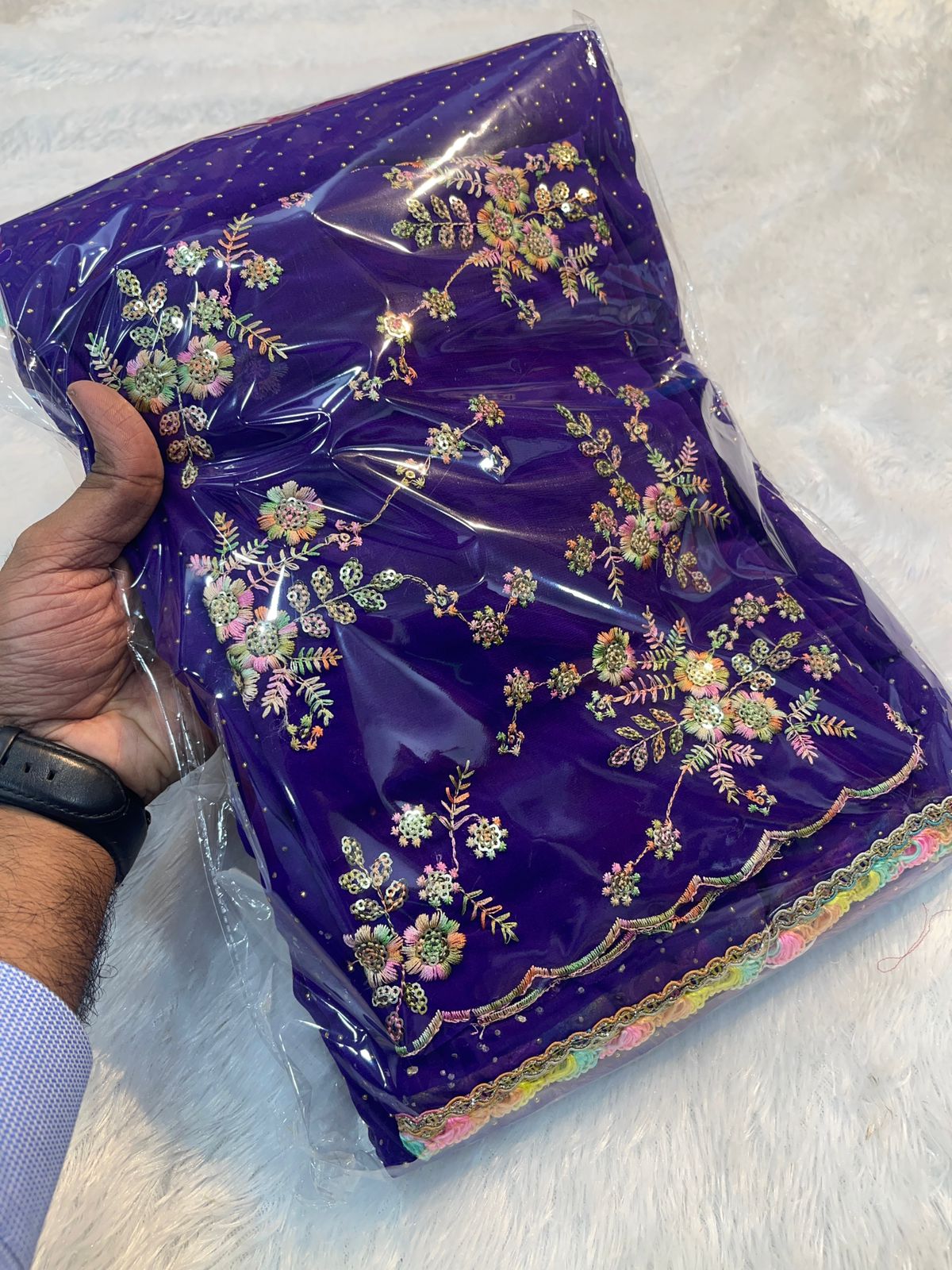 Georgette Saree With Georgette Multi Emrodiry Work Blouse With Rainbow Lace - Image 7