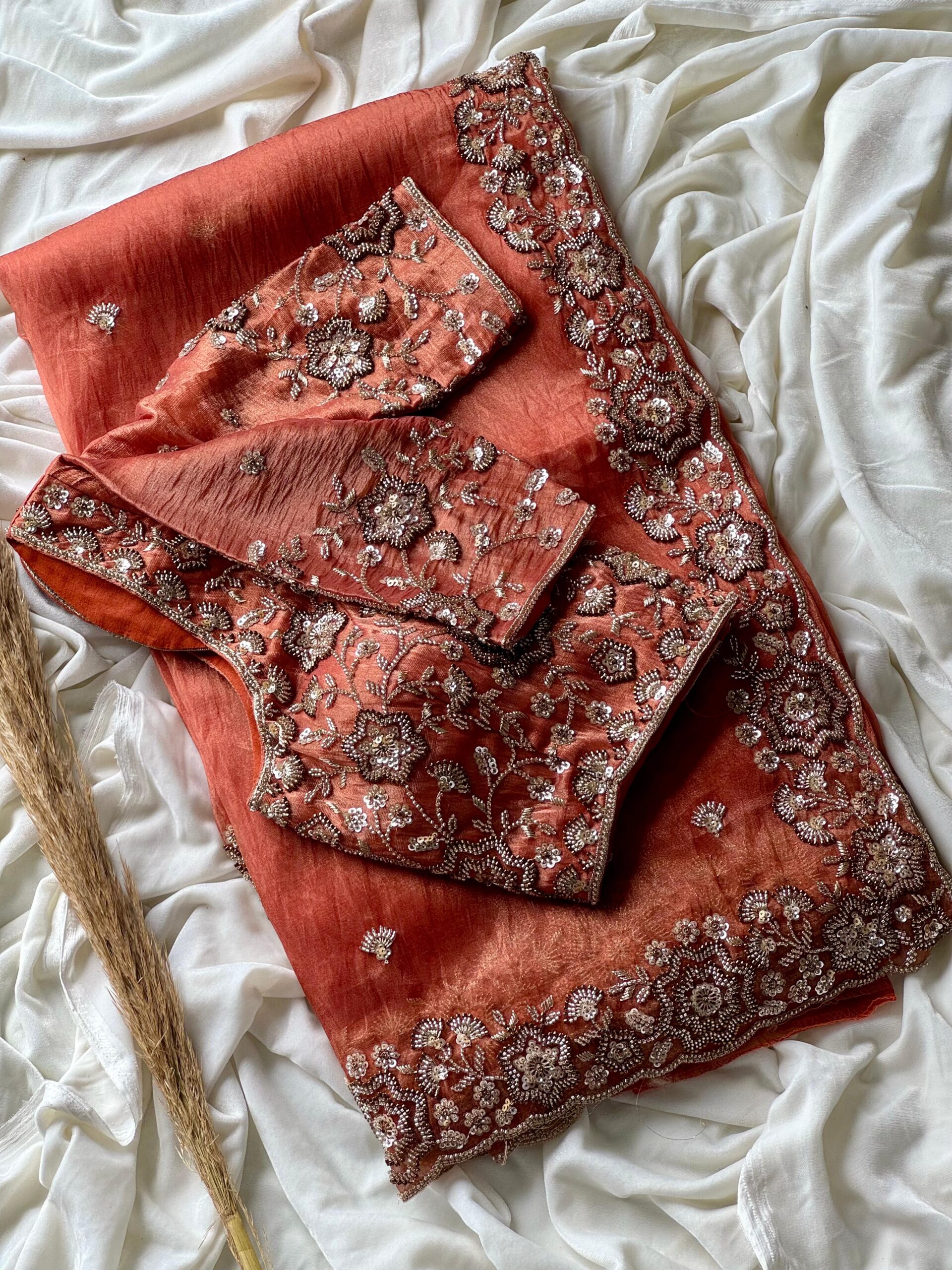 Rustic Orange Saree with Cocktail handwork - Image 2
