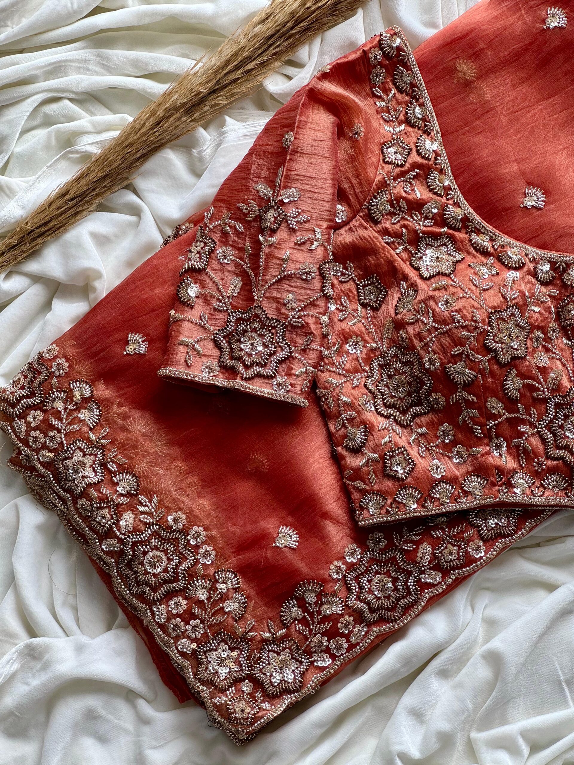 Rustic Orange Saree with Cocktail handwork - Image 3