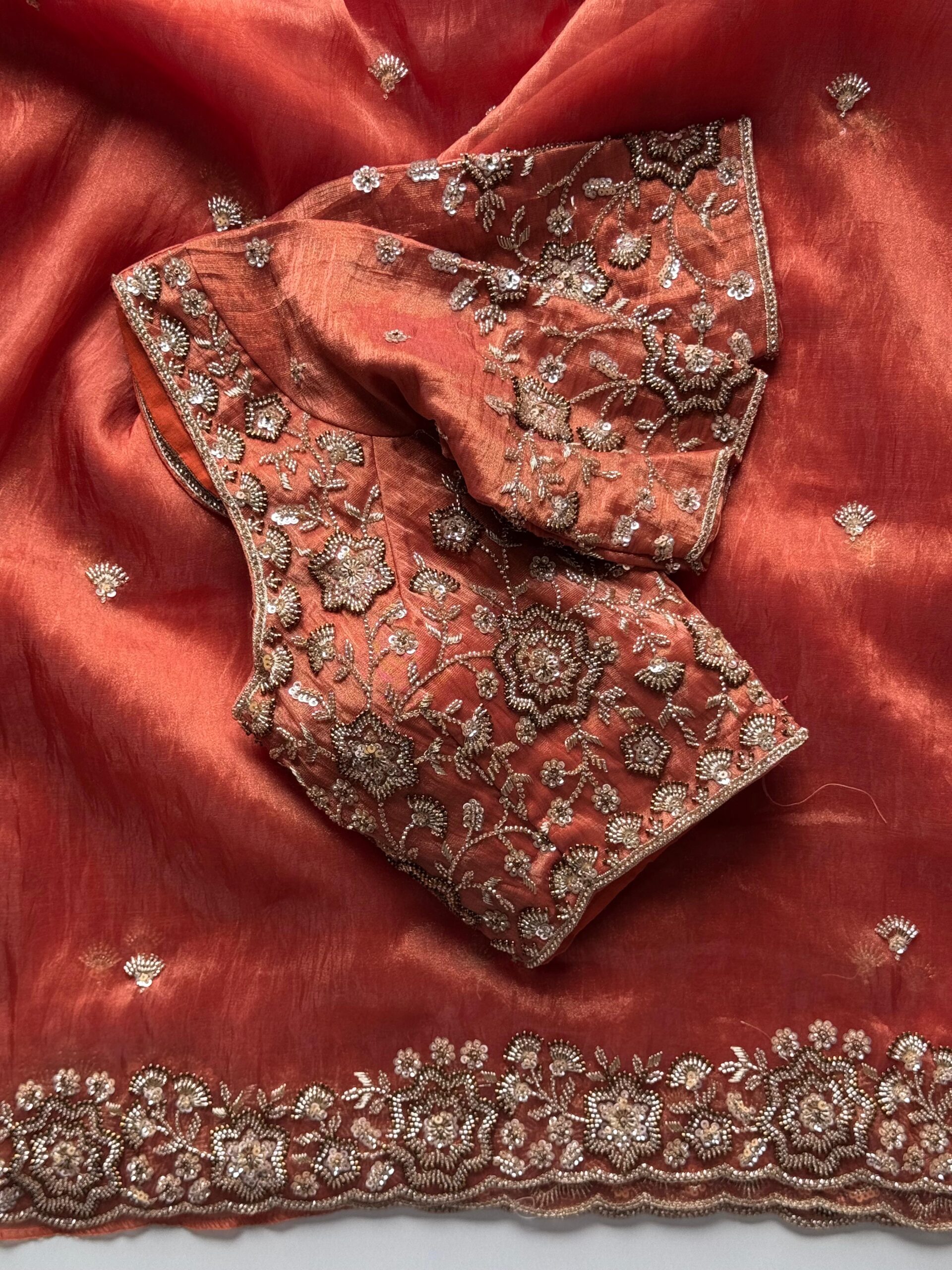 Rustic Orange Saree with Cocktail handwork - Image 4