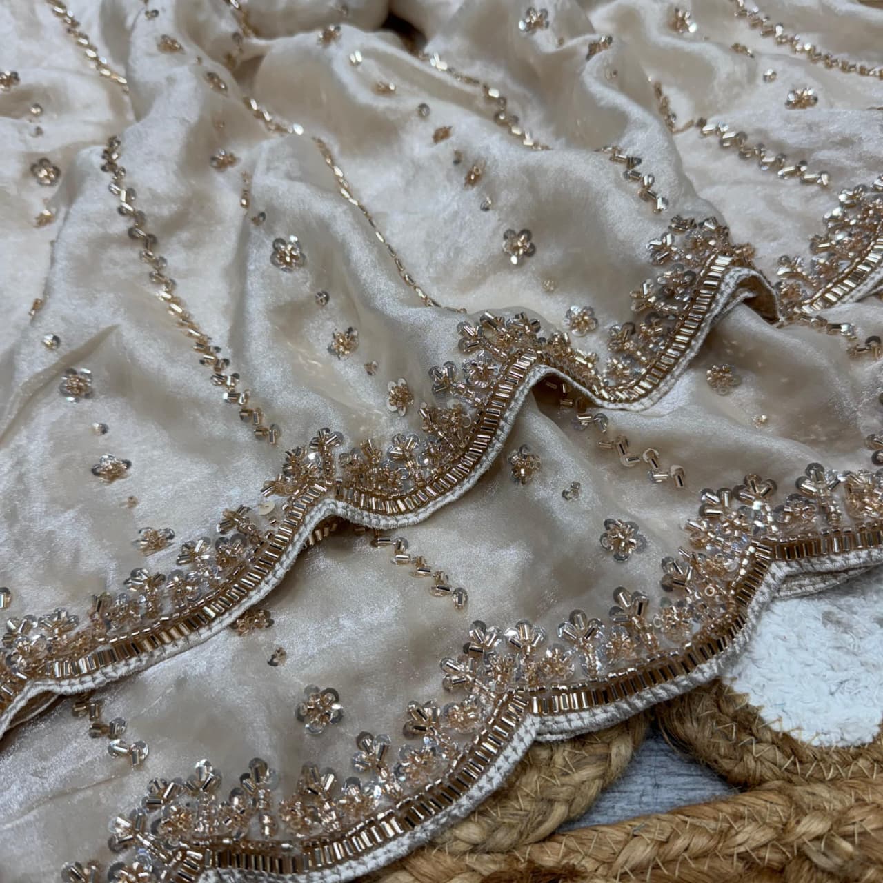 Grand party wear saree in original gold beeds work - Image 4