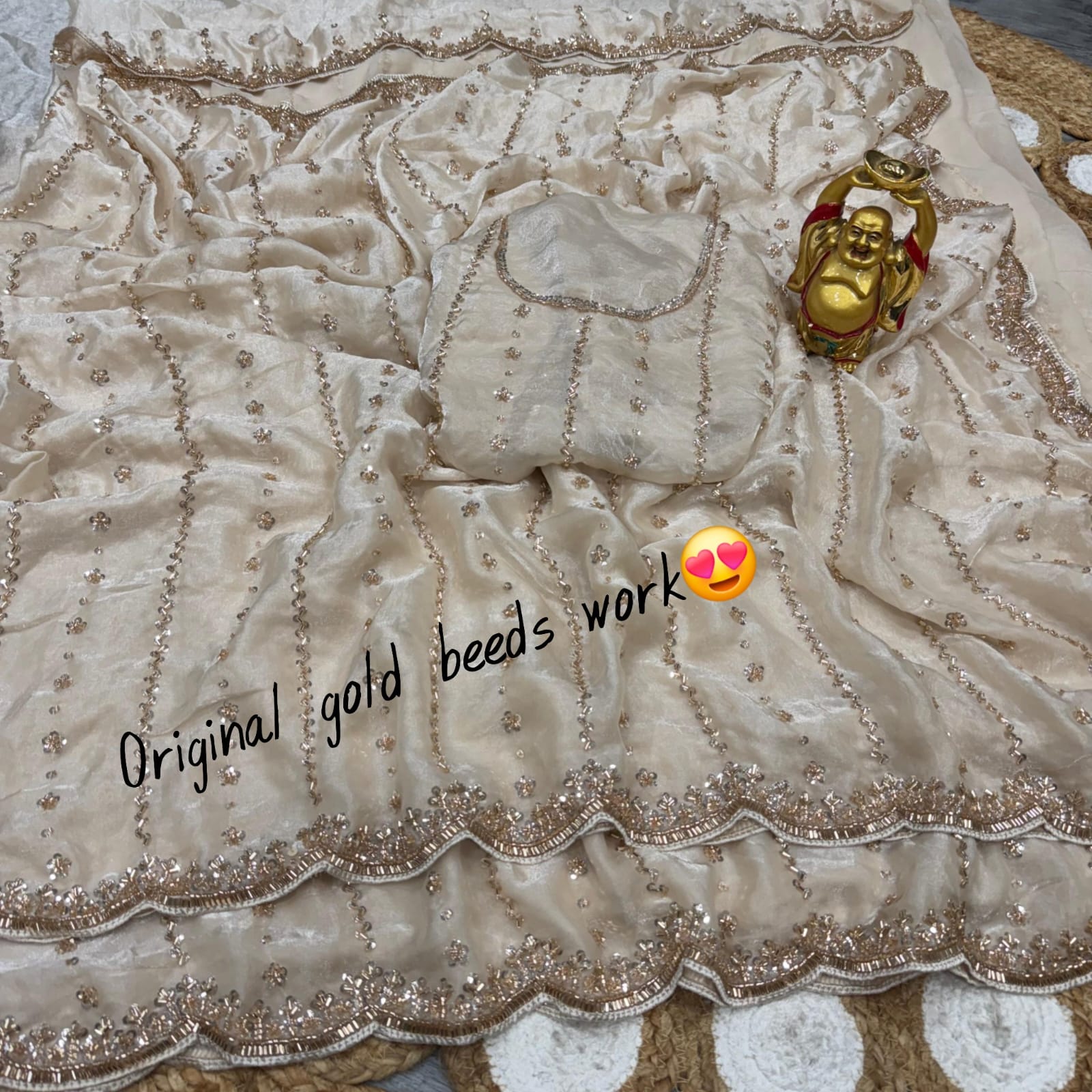 Grand party wear saree in original gold beeds work