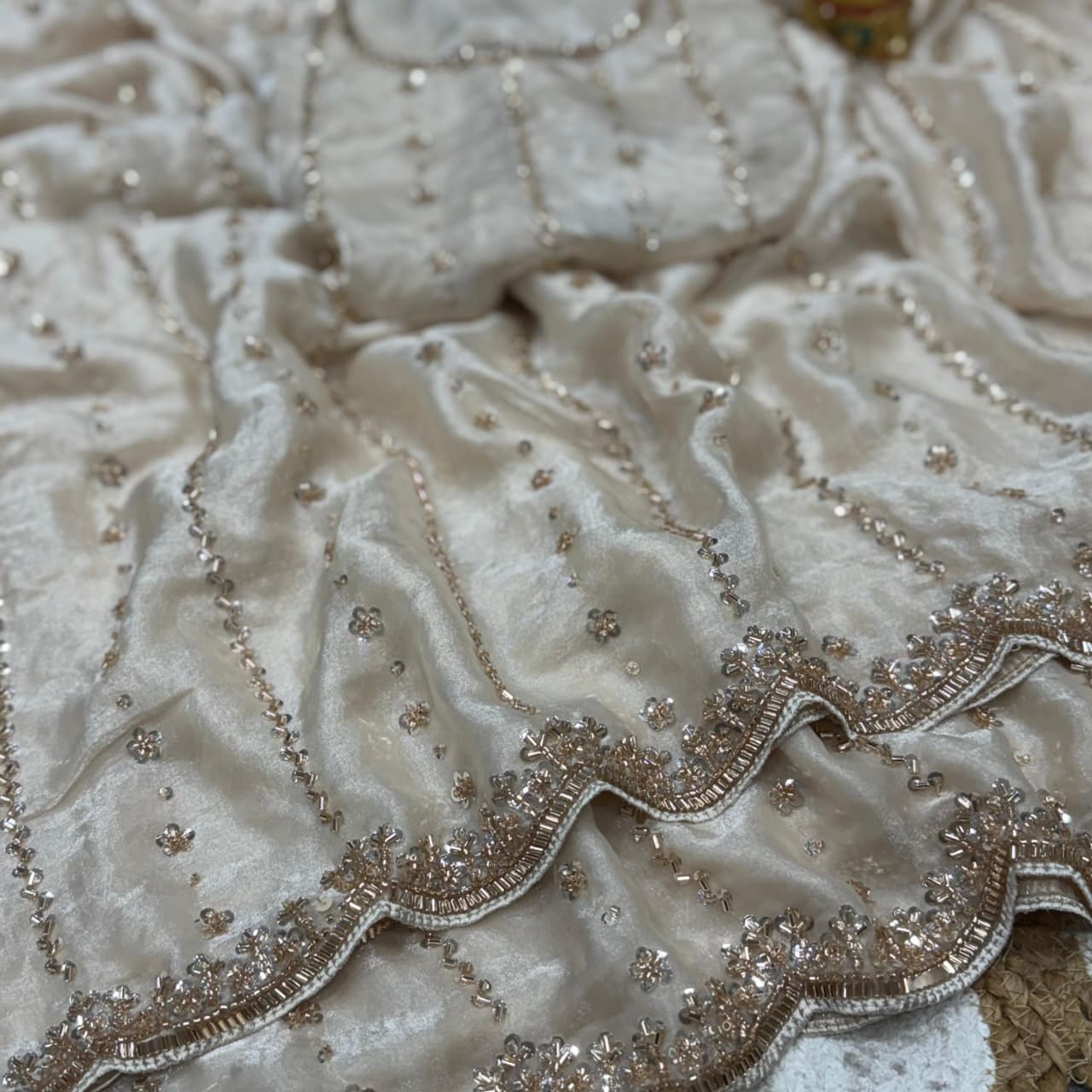 Grand party wear saree in original gold beeds work - Image 5