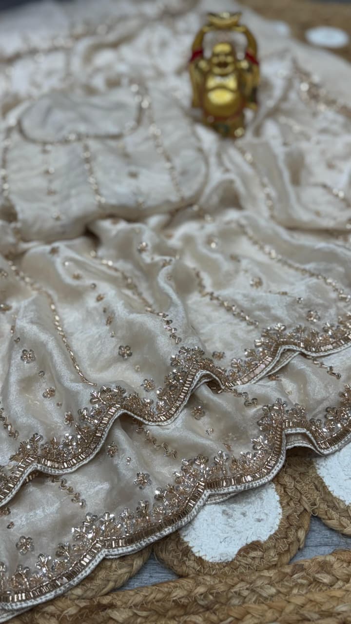 Grand party wear saree in original gold beeds work - Image 6