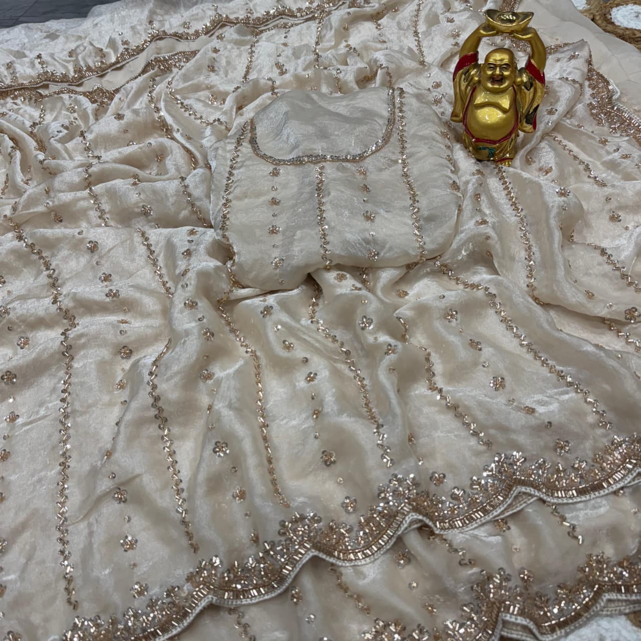 Grand party wear saree in original gold beeds work - Image 3