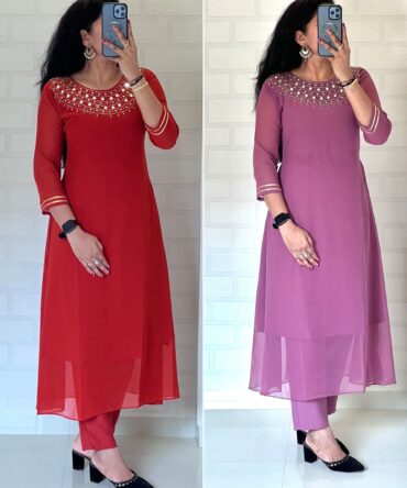 BLOOMING GEORGETTE DOUBLE MIRROR HANDWORK KURTI WITH GOTA PATTI DESIGNER SLEEVES