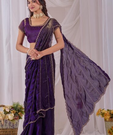 Soft Space silk fendy satin with cutdana handwork maggam work saree with fancy pallu & scalloped cutwork border