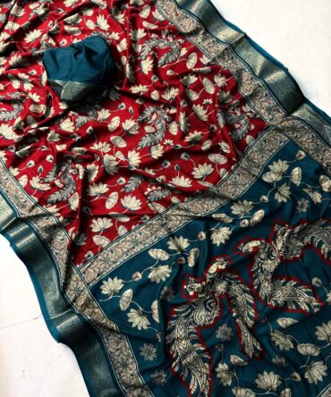 Soft black dola silk sarees with pen kalamkari design