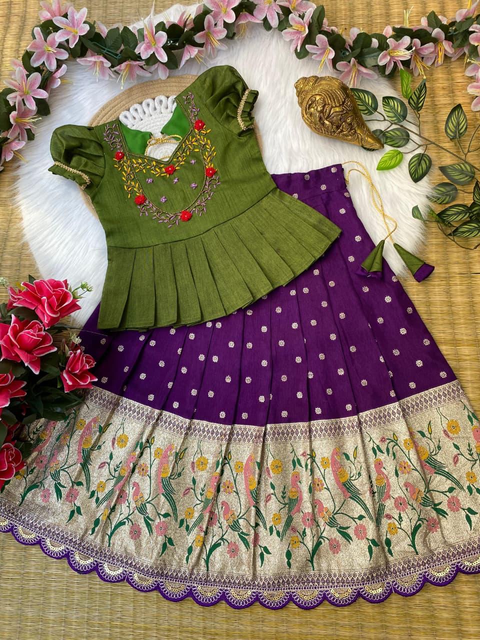 Lehenga - pure russian dola with jacquard butti design and beautiful border lehenga