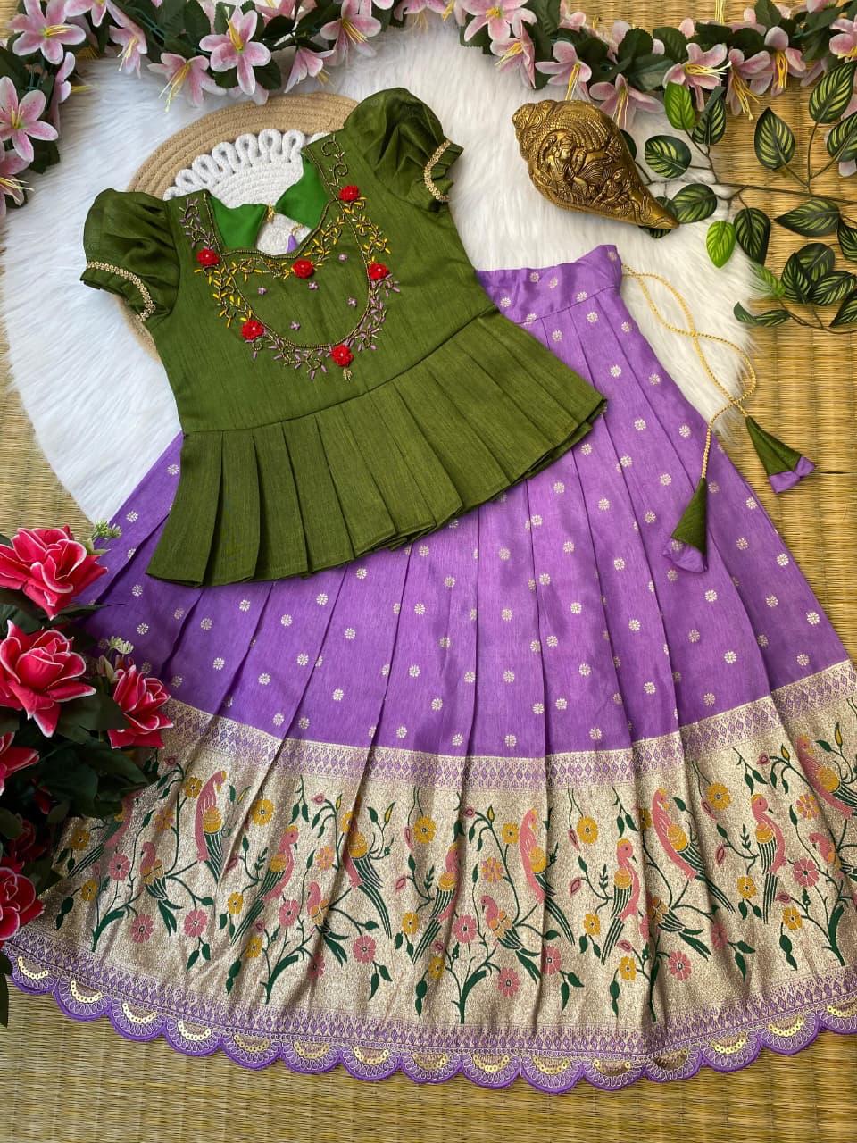 Lehenga - pure russian dola with jacquard butti design and beautiful border lehenga - Image 3