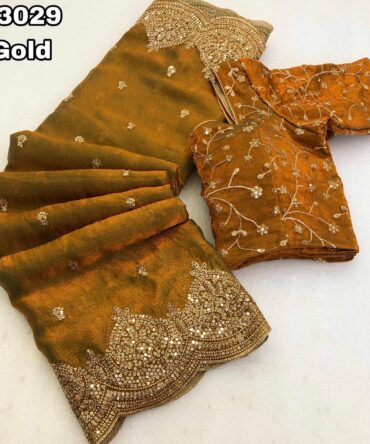 chiffon with mango design gold saree