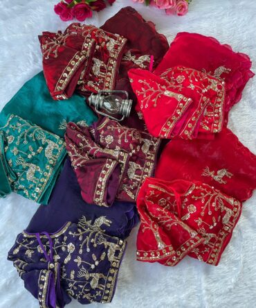 PURE SOFT FANDY SATTIN SILK FABRIC ON BEAUTIFUL HAND WORK WITH CUT WORK AARKO BORDER IN SAREE