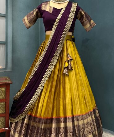 This exquisite kanjivaram silk with all over butte with jacquard border lehenga