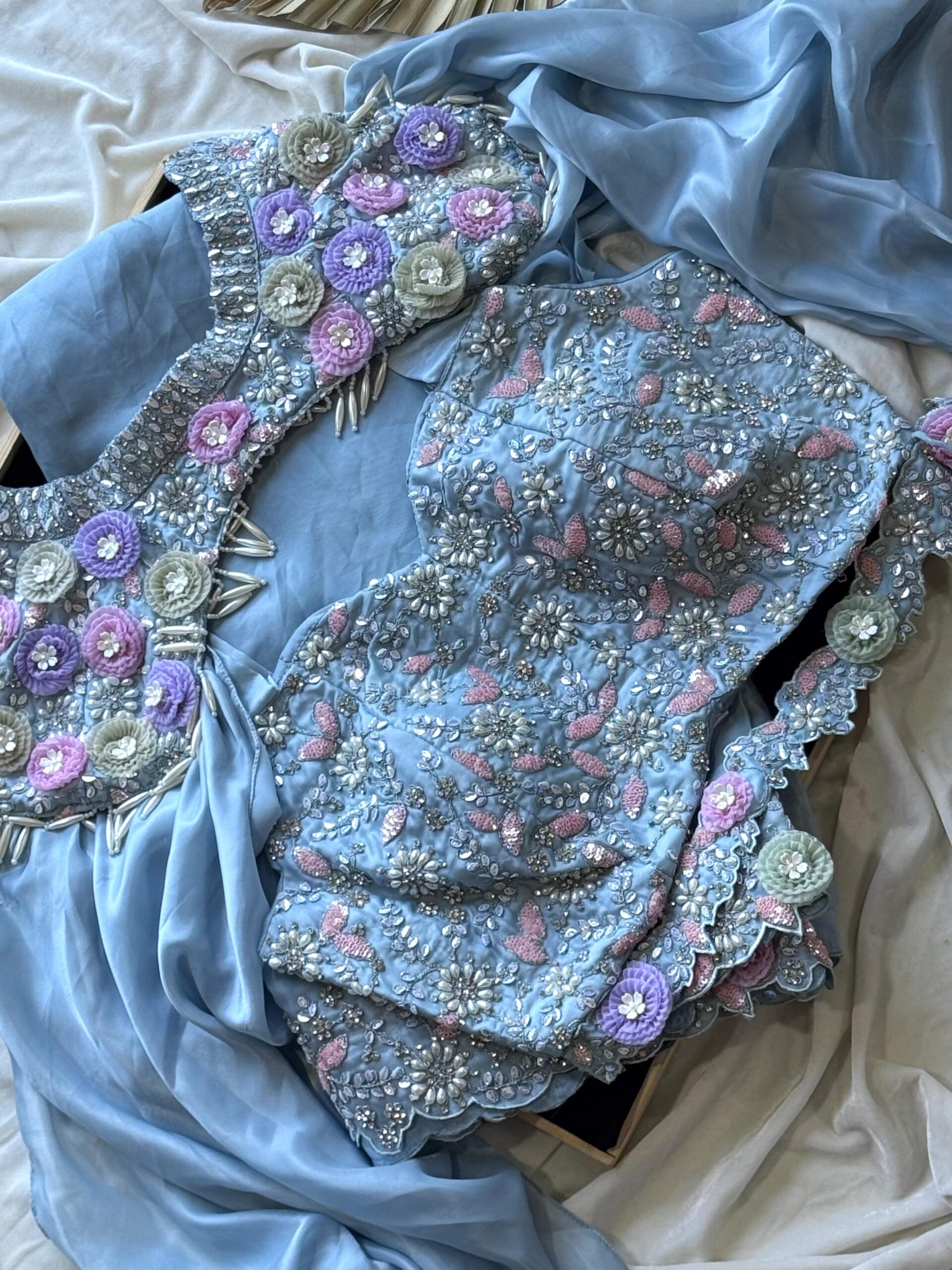 Premium space silk saree with coding sequence, Embroidery & pearl work on border - Image 3