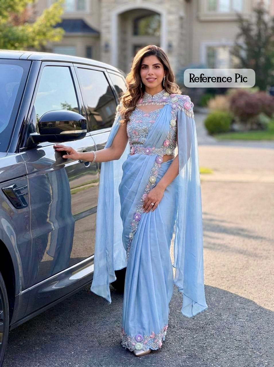 Premium space silk saree with coding sequence, Embroidery & pearl work on border - Image 9