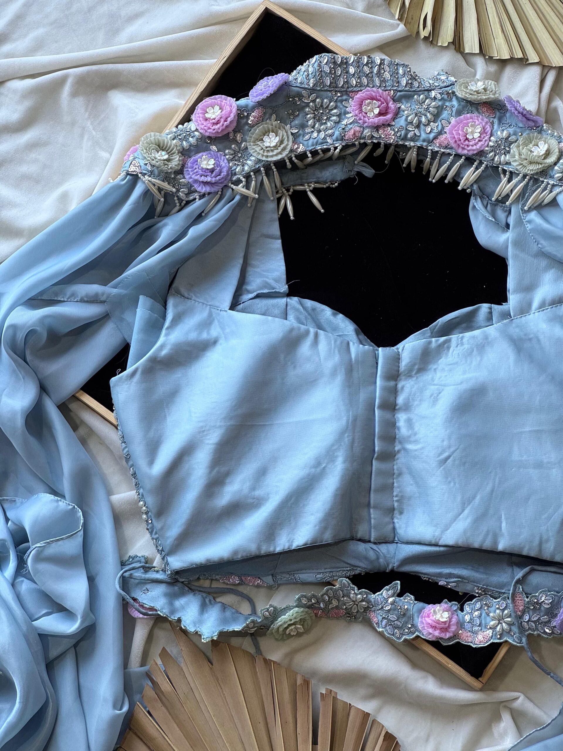 Premium space silk saree with coding sequence, Embroidery & pearl work on border - Image 4