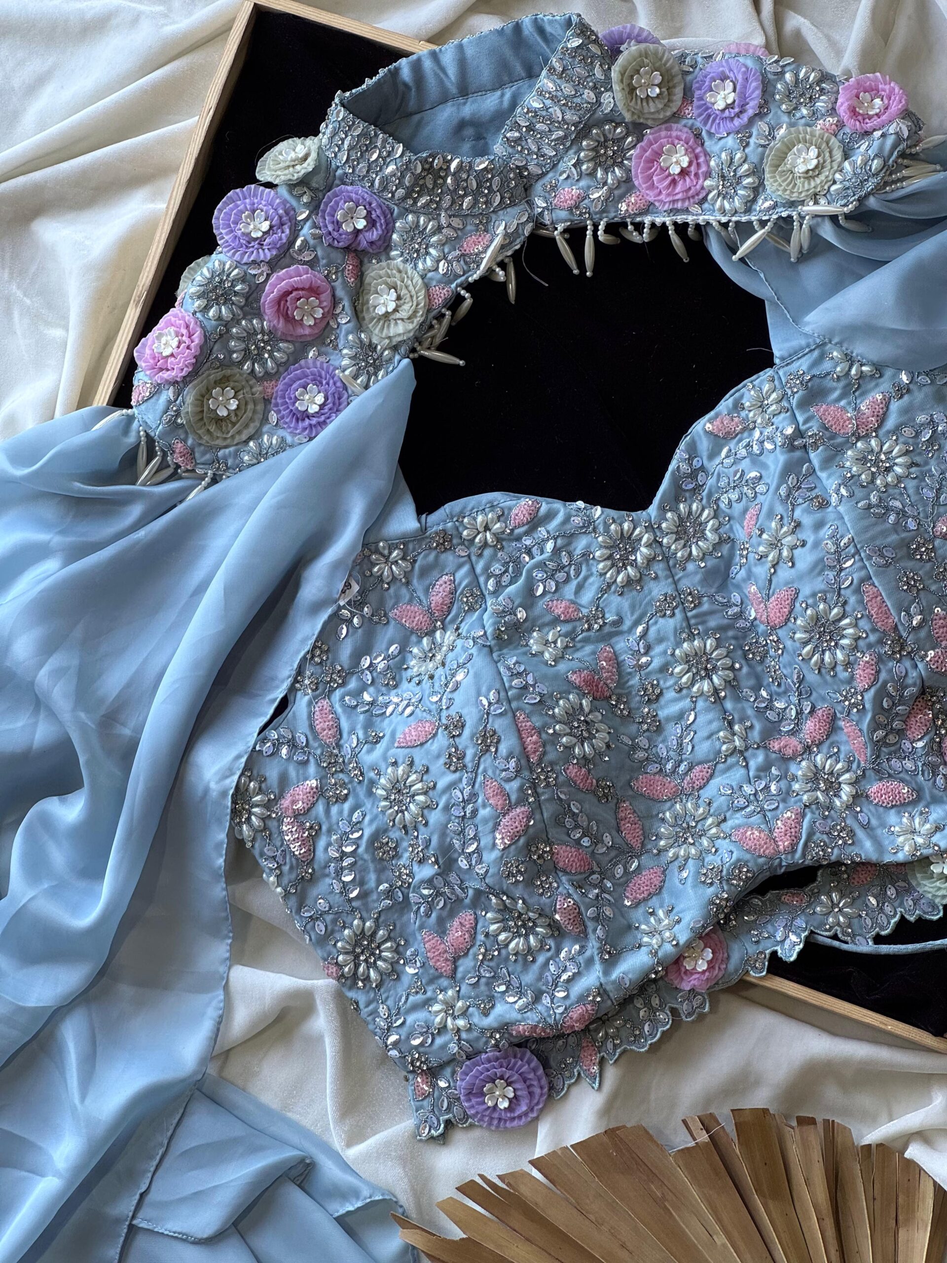 Premium space silk saree with coding sequence, Embroidery & pearl work on border