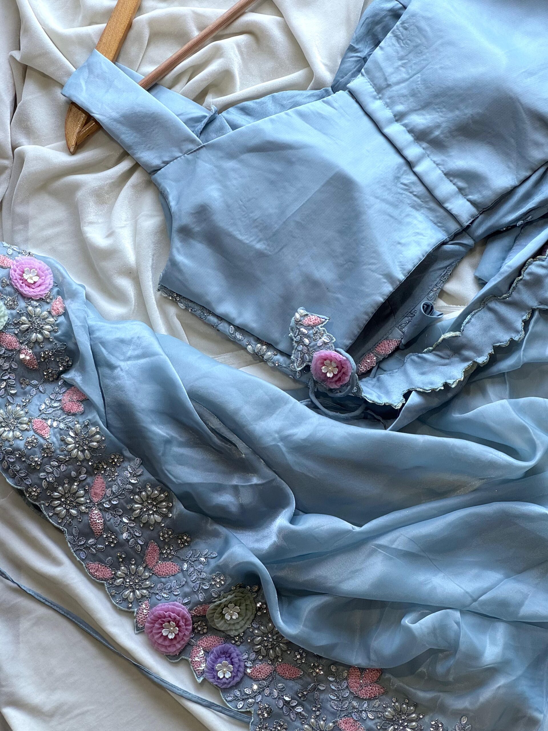 Premium space silk saree with coding sequence, Embroidery & pearl work on border - Image 7