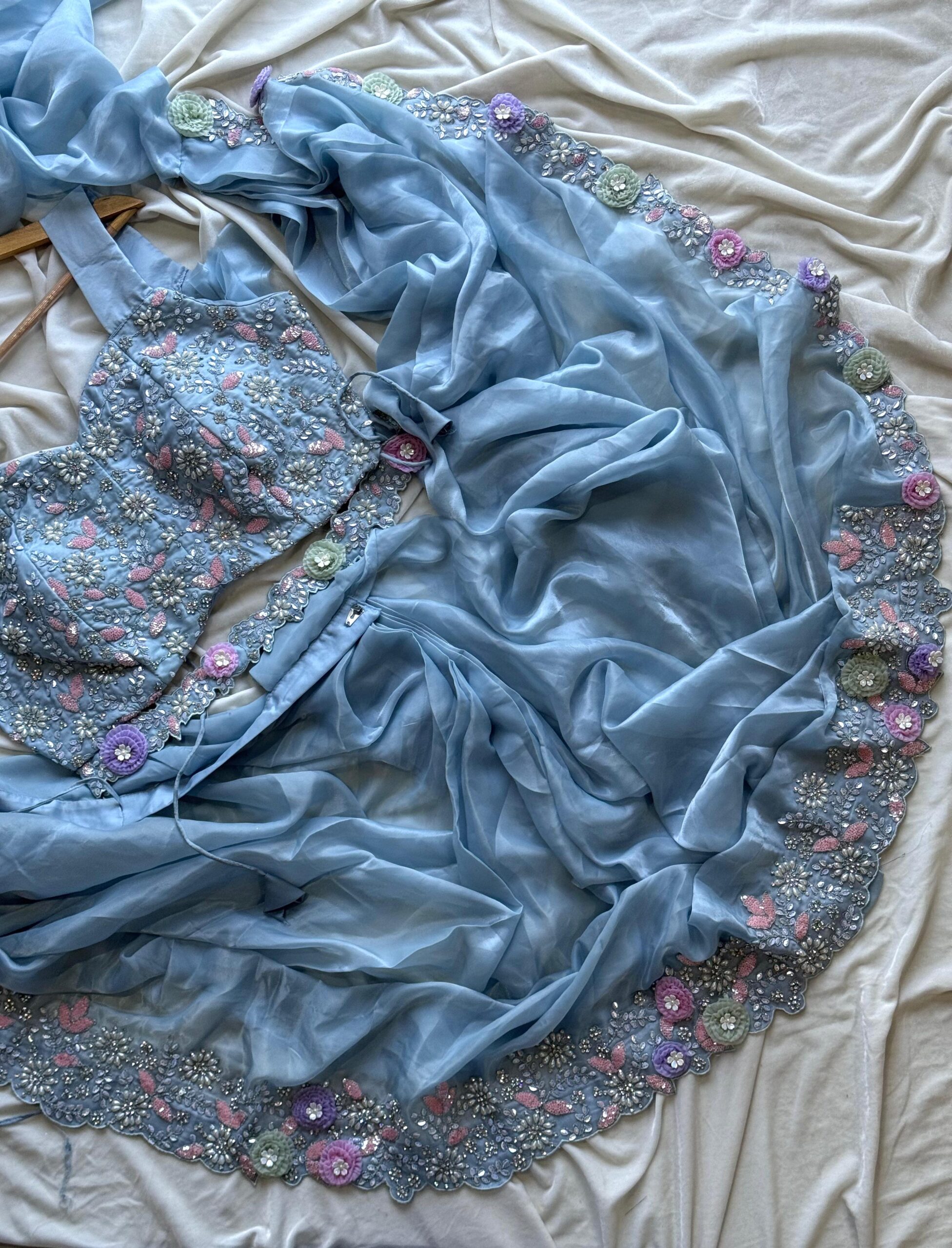 Premium space silk saree with coding sequence, Embroidery & pearl work on border - Image 6